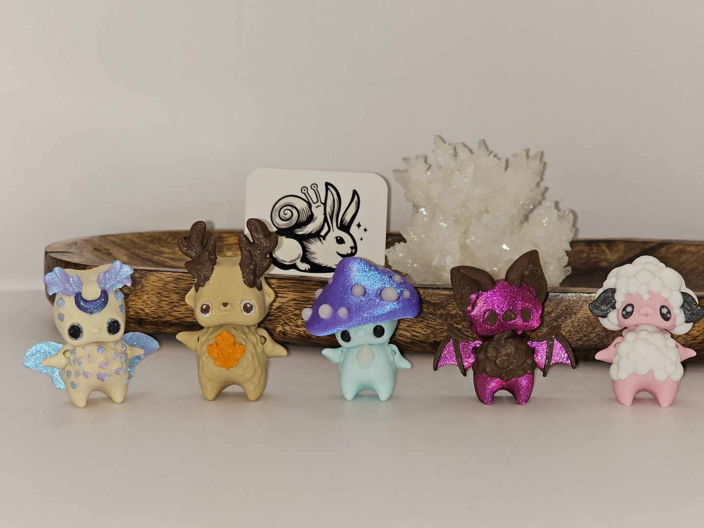 Pixie Minis 5 Pack-3D Printed Articulating-Decor Fidget-Luna Moth Deer Mushroom Sheep Bat