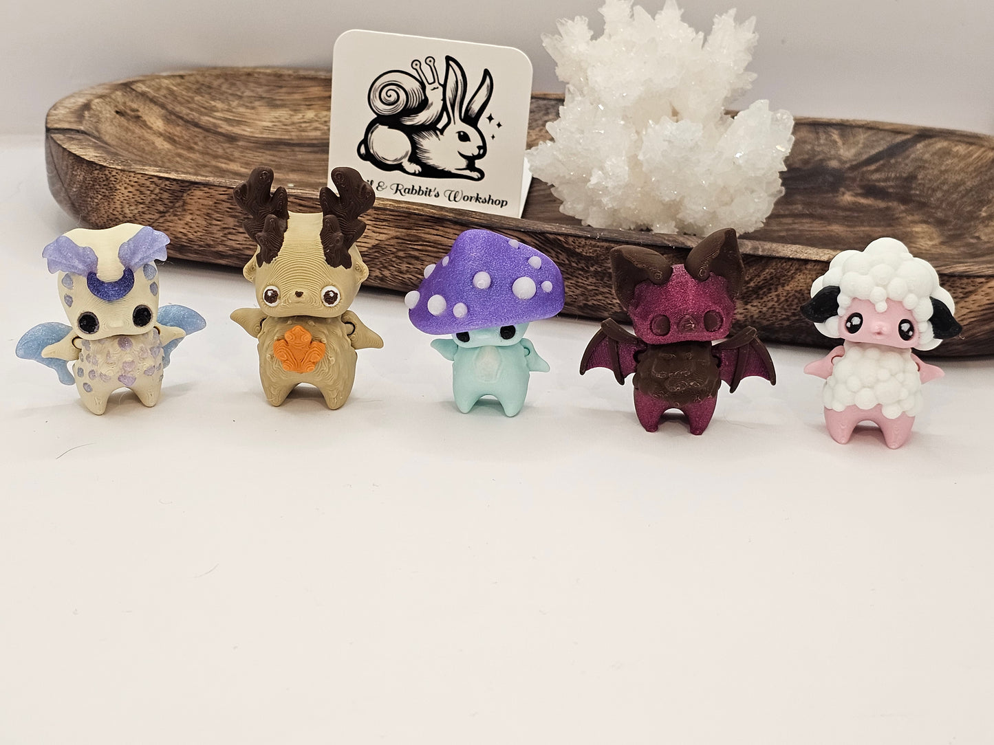 Pixie Minis 5 Pack-3D Printed Articulating-Decor Fidget-Luna Moth Deer Mushroom Sheep Bat