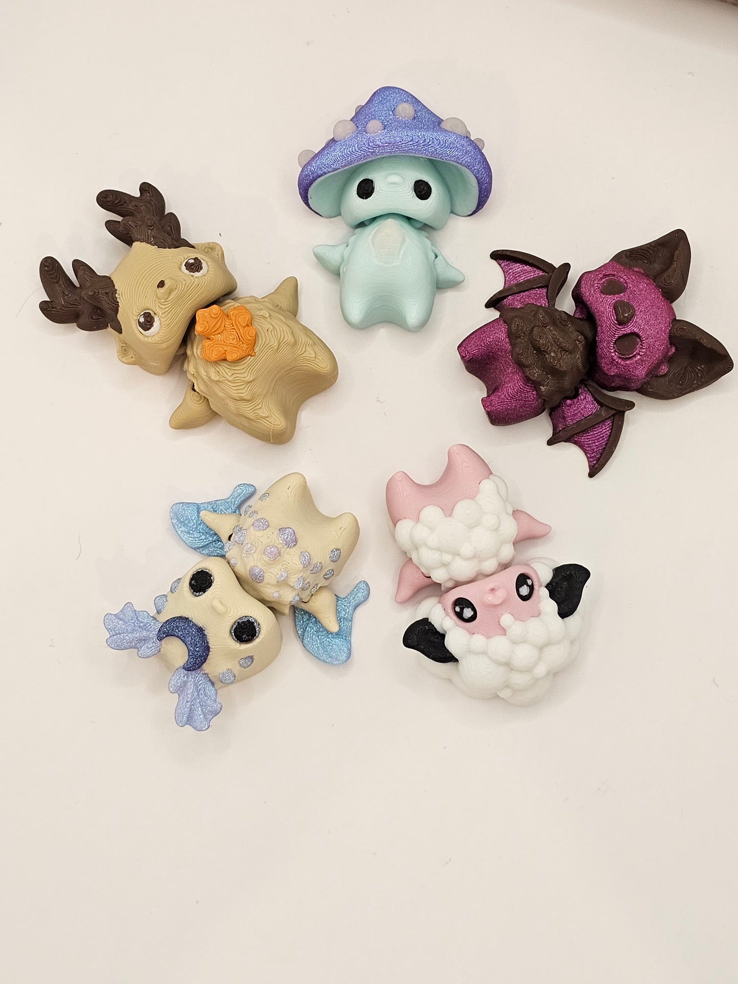 Pixie Minis 5 Pack-3D Printed Articulating-Decor Fidget-Luna Moth Deer Mushroom Sheep Bat