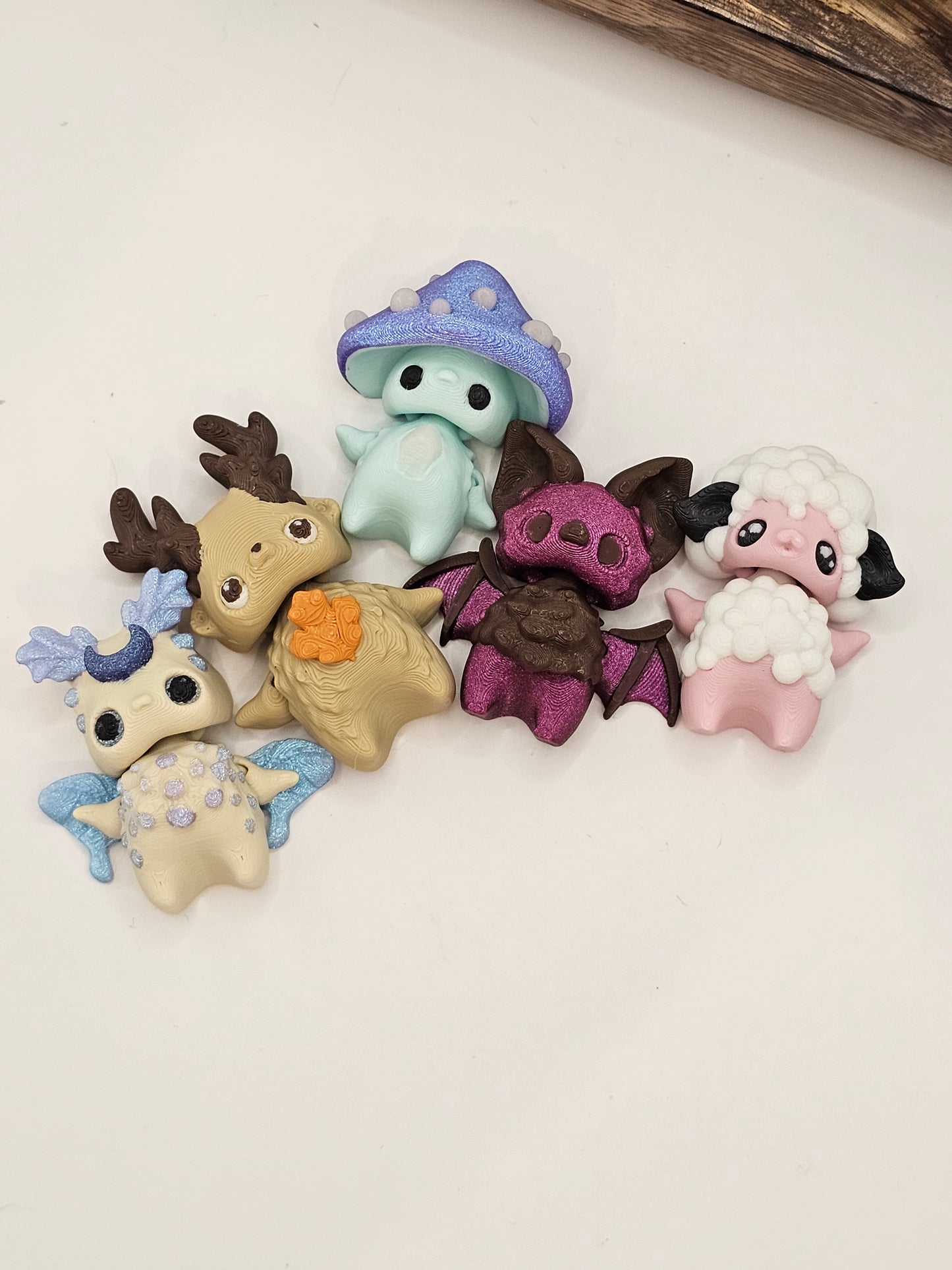Pixie Minis 5 Pack-3D Printed Articulating-Decor Fidget-Luna Moth Deer Mushroom Sheep Bat