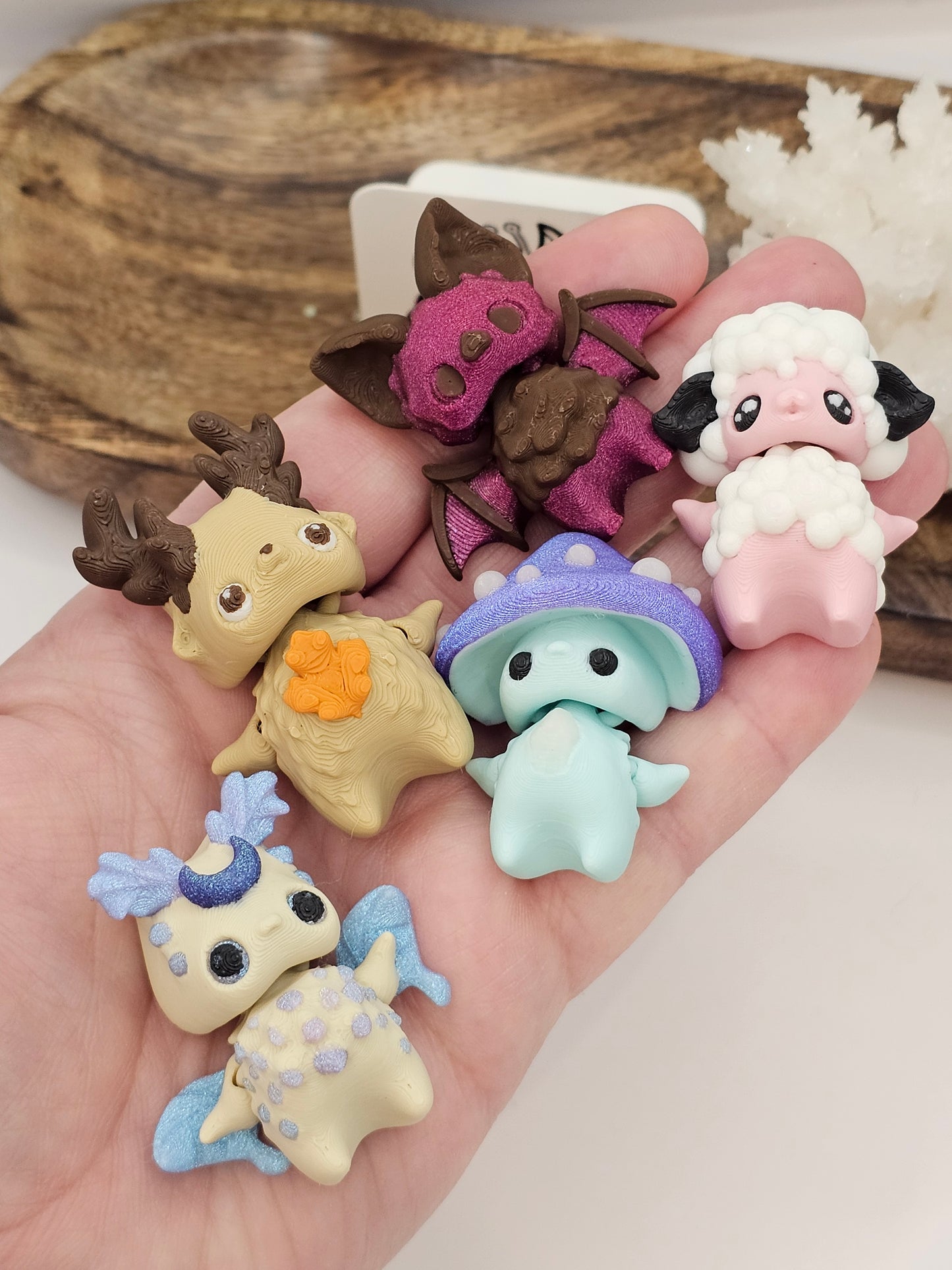 Pixie Minis 5 Pack-3D Printed Articulating-Decor Fidget-Luna Moth Deer Mushroom Sheep Bat