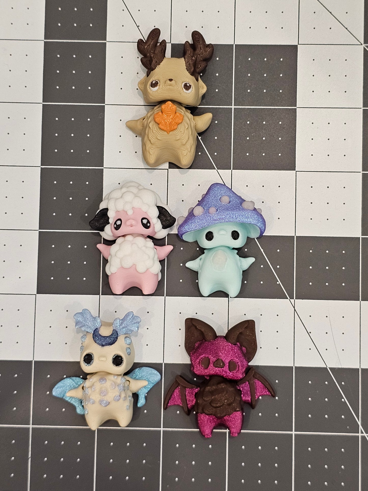 Pixie Minis 5 Pack-3D Printed Articulating-Decor Fidget-Luna Moth Deer Mushroom Sheep Bat