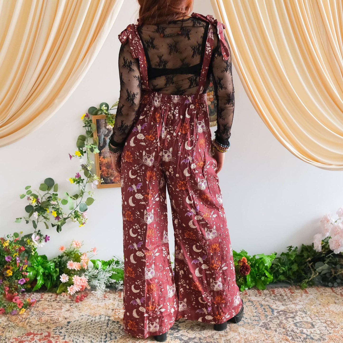 Celestial Cat & Moon  Boho Wide Leg Jumpsuit: Green / L/XL
