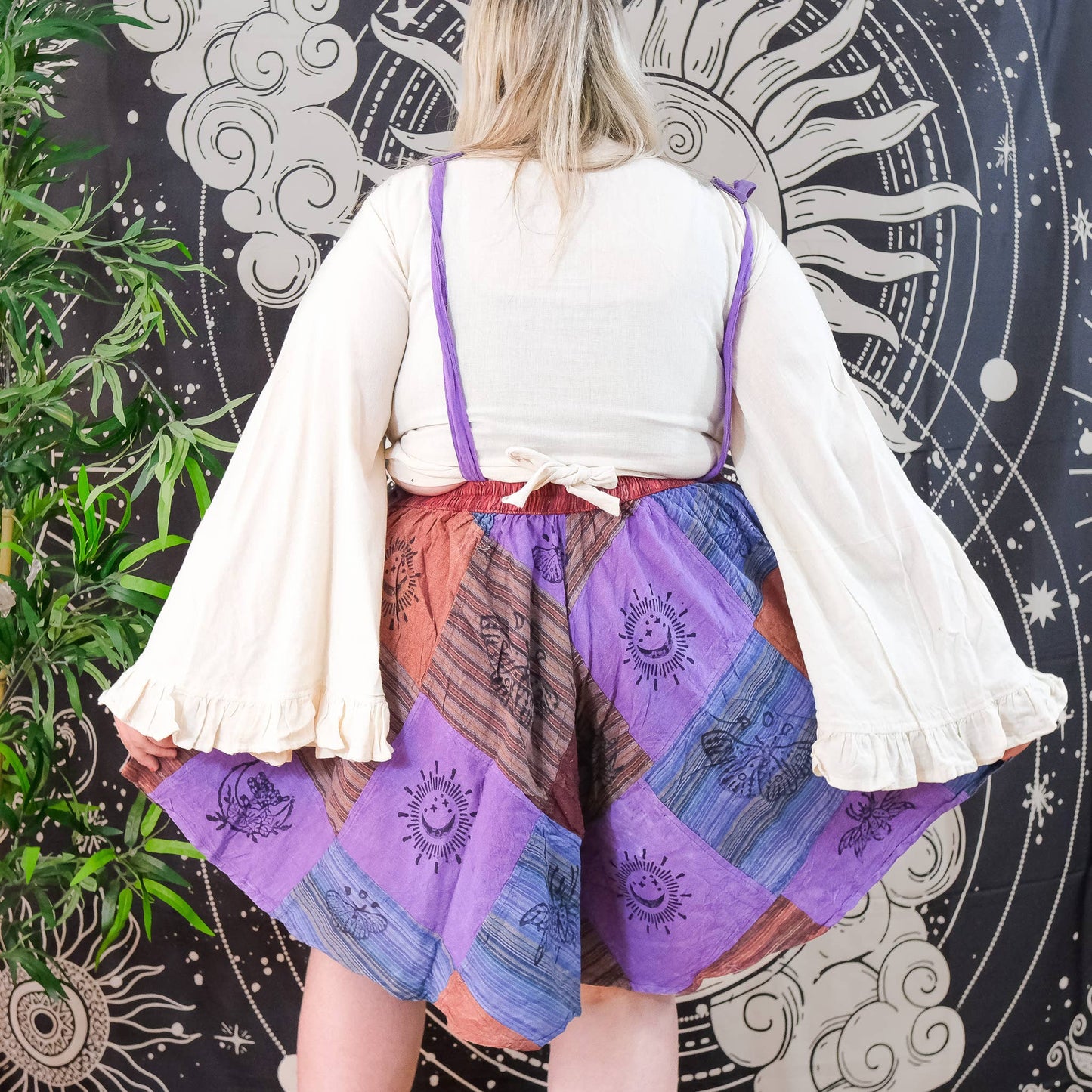 Patchwork Wide Leg Flowy Short Romper: Purple / One Size