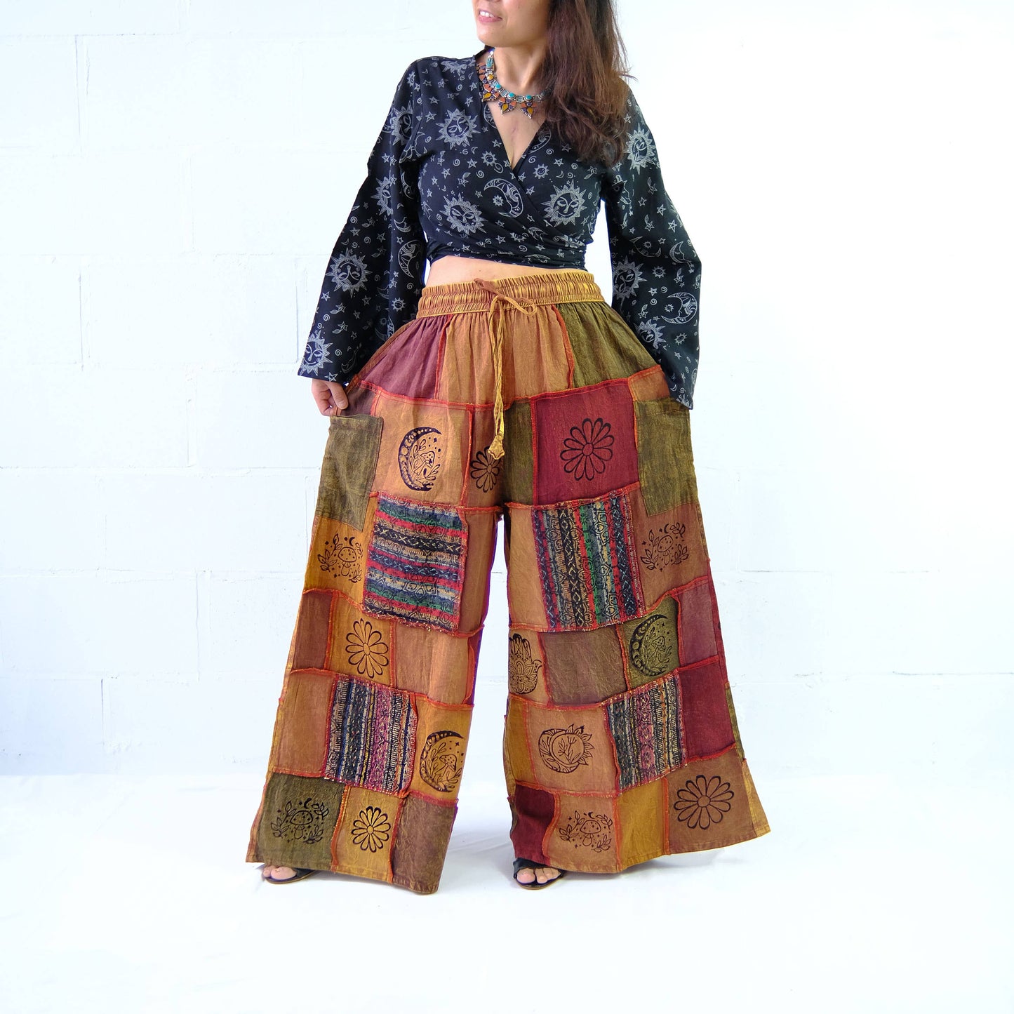 Cotton Patchwork Wide Leg Boho Pants: Black / Plus Size