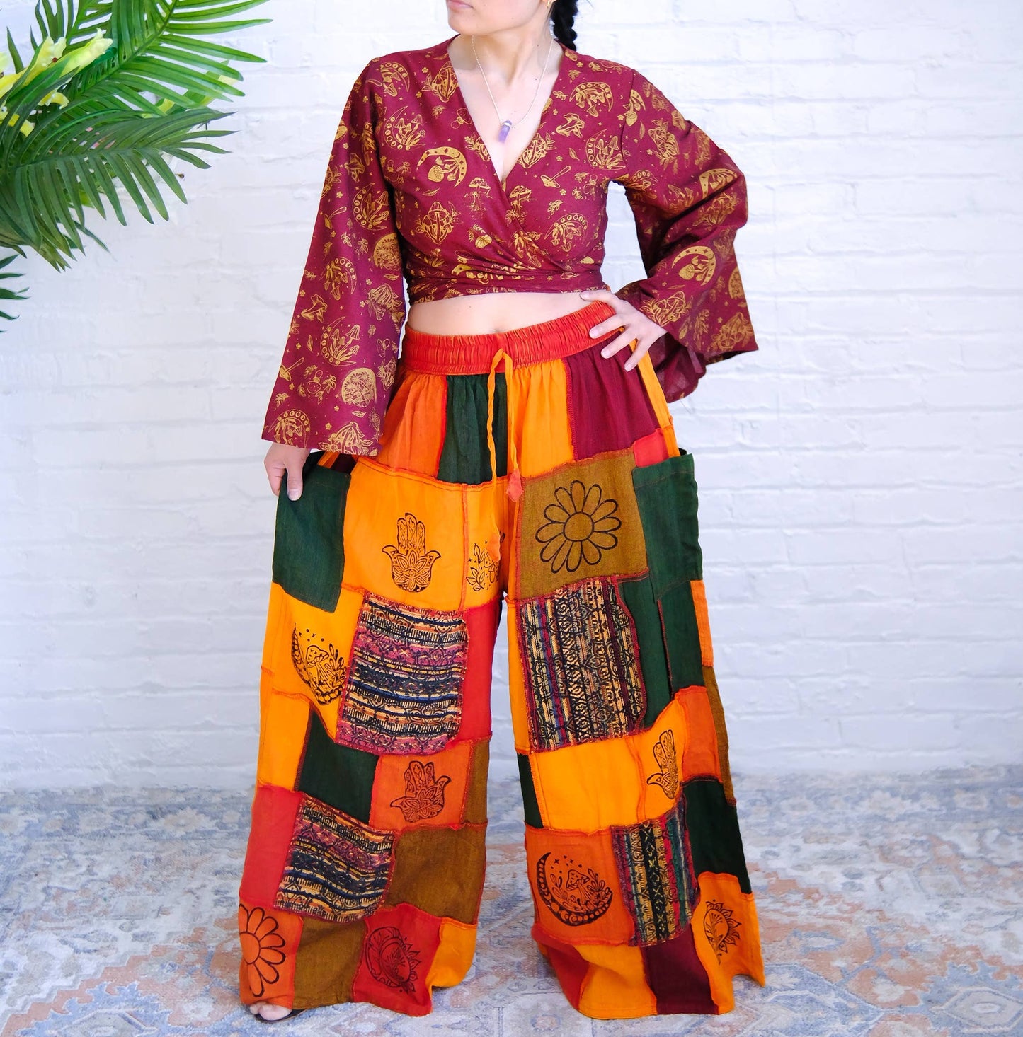 Cotton Patchwork Wide Leg Boho Pants: Black / Plus Size