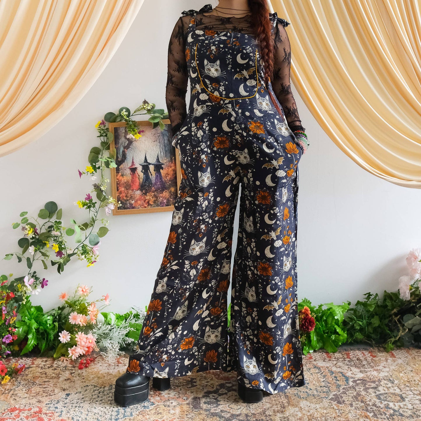 Celestial Cat & Moon  Boho Wide Leg Jumpsuit: Green / S/M