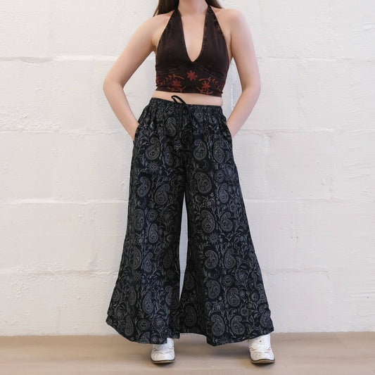 Flowy Paisley Boho Cotton Wide Leg Pants: Black / L/XL