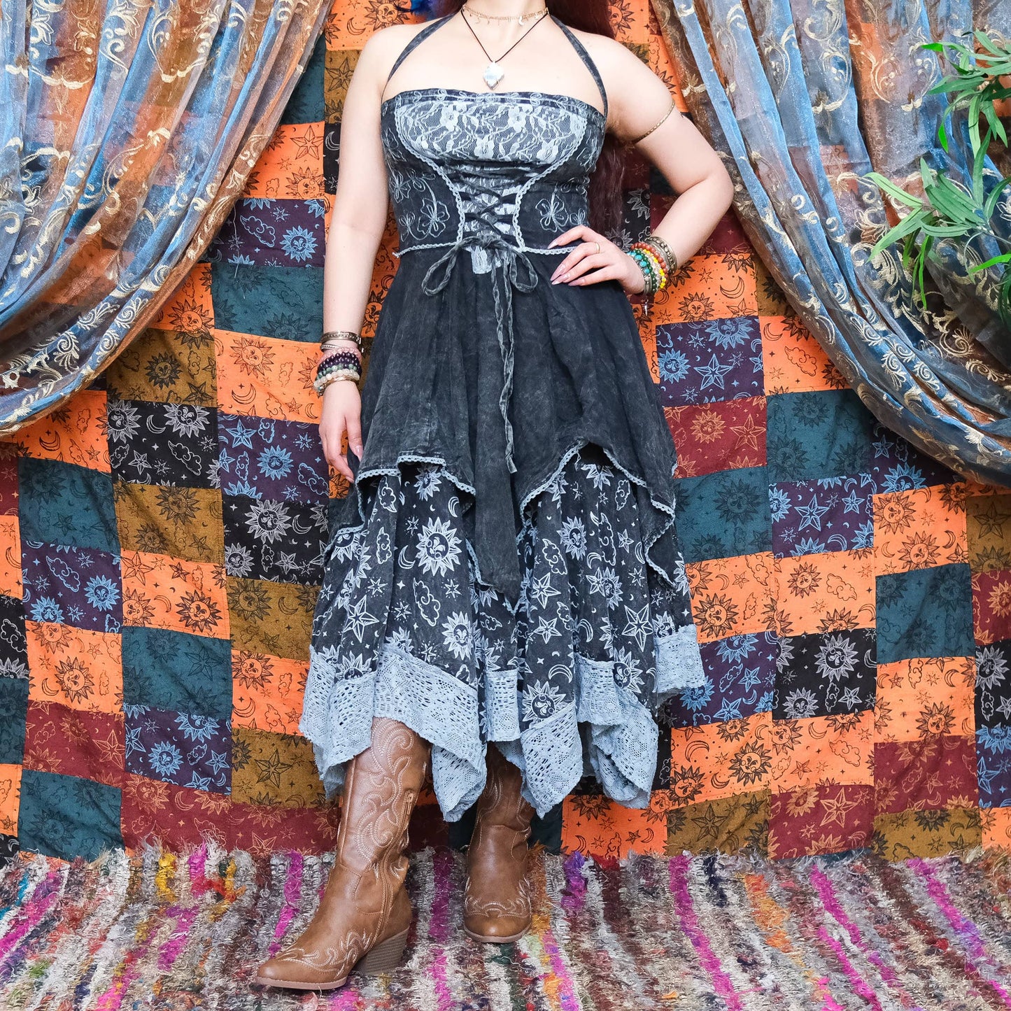 Witchy Celestial Asymmetrical Pixie Dress: Gray / L/XL