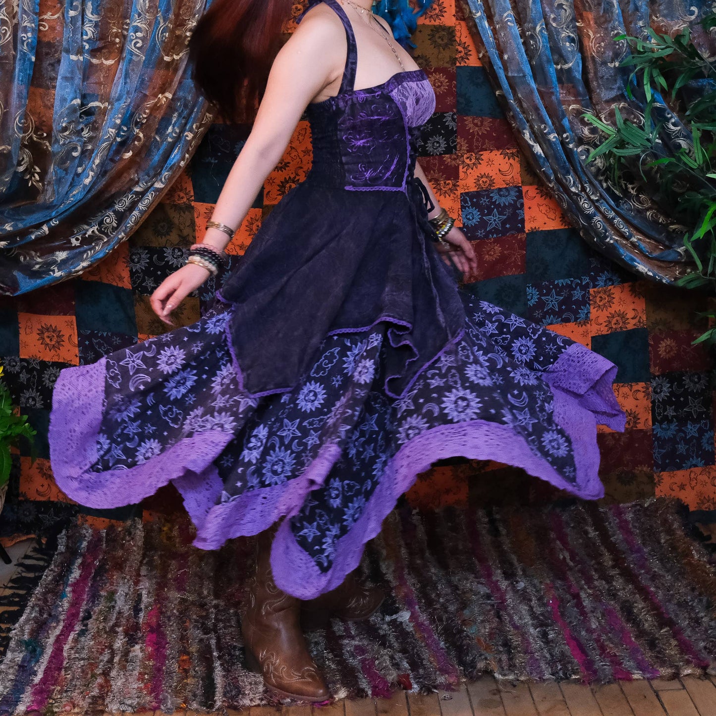 Witchy Celestial Asymmetrical Pixie Dress: Gray / L/XL
