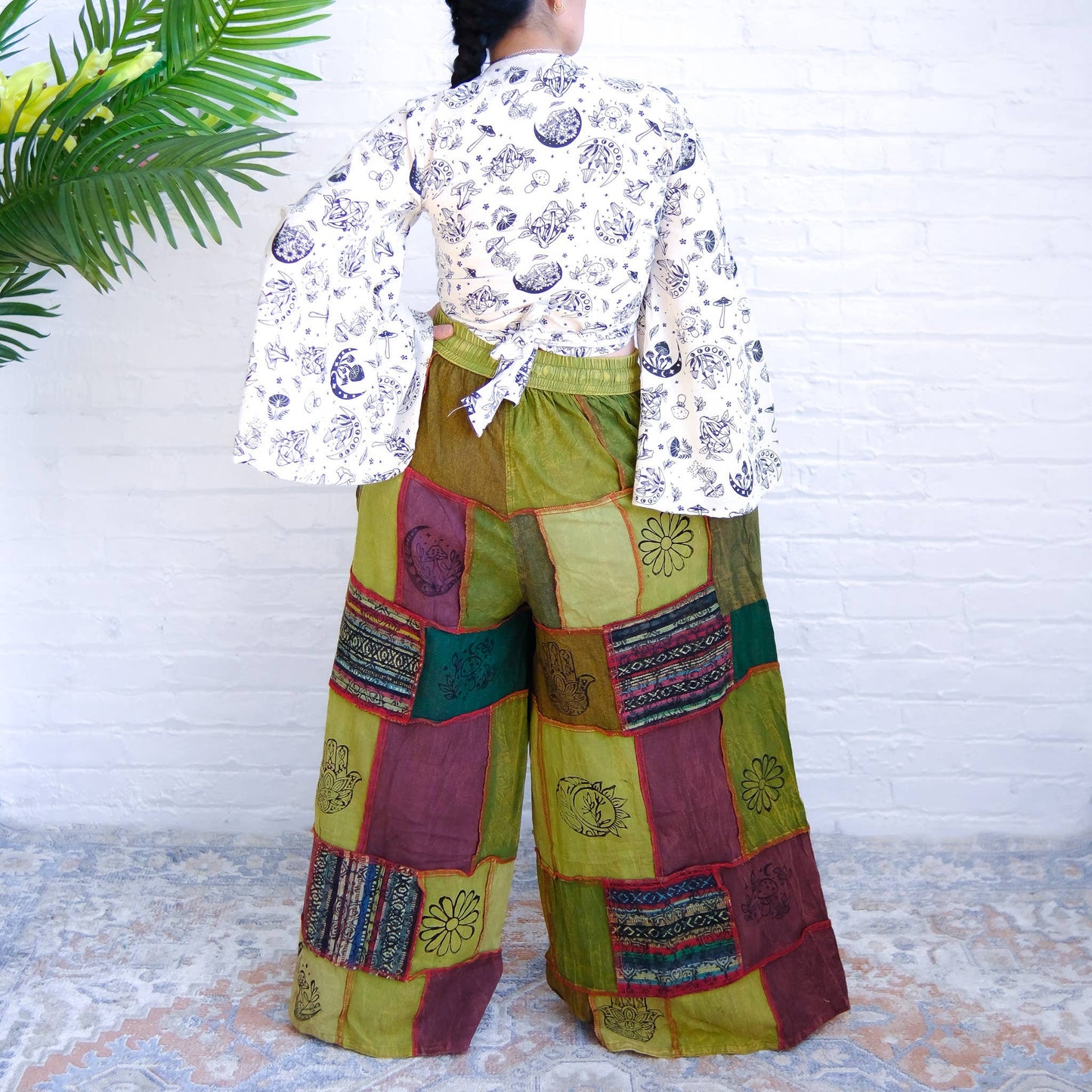 Cotton Patchwork Wide Leg Boho Pants: Black / Plus Size