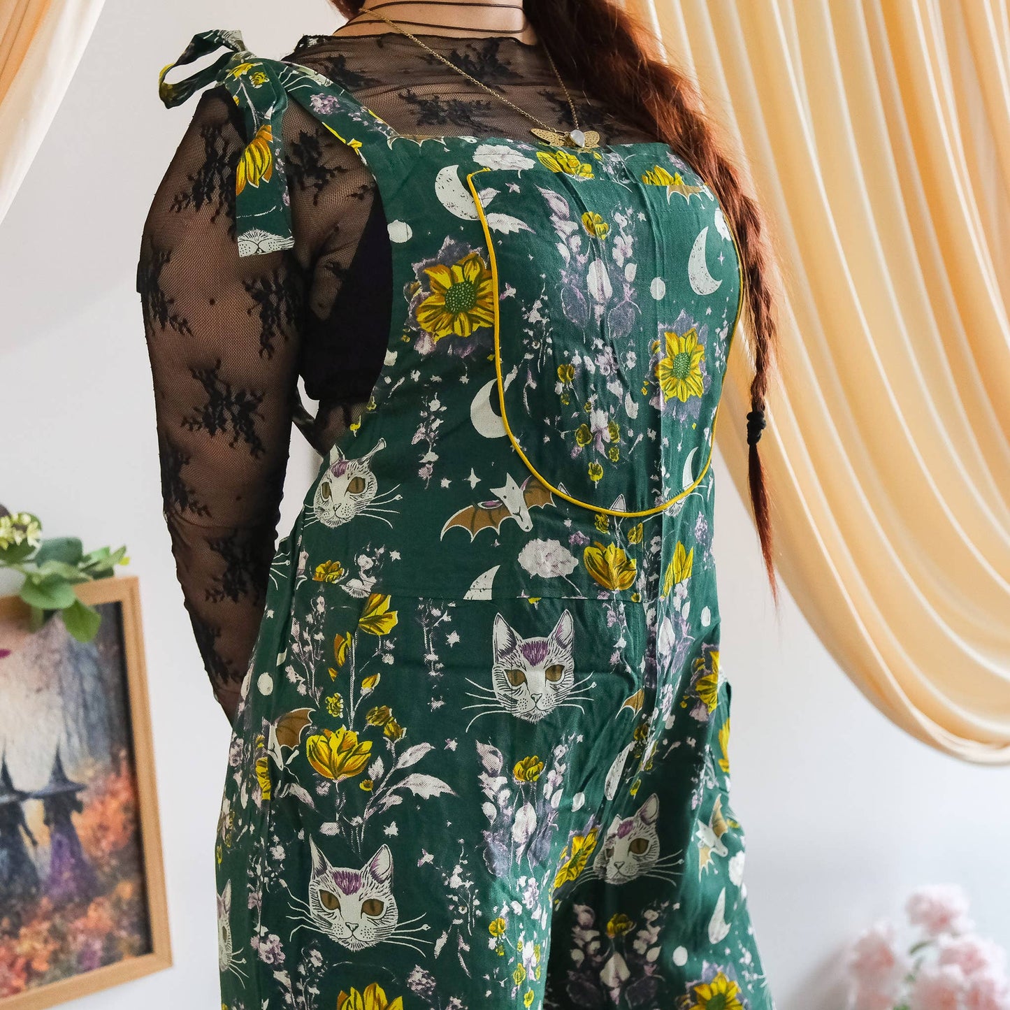 Celestial Cat & Moon  Boho Wide Leg Jumpsuit: Green / S/M