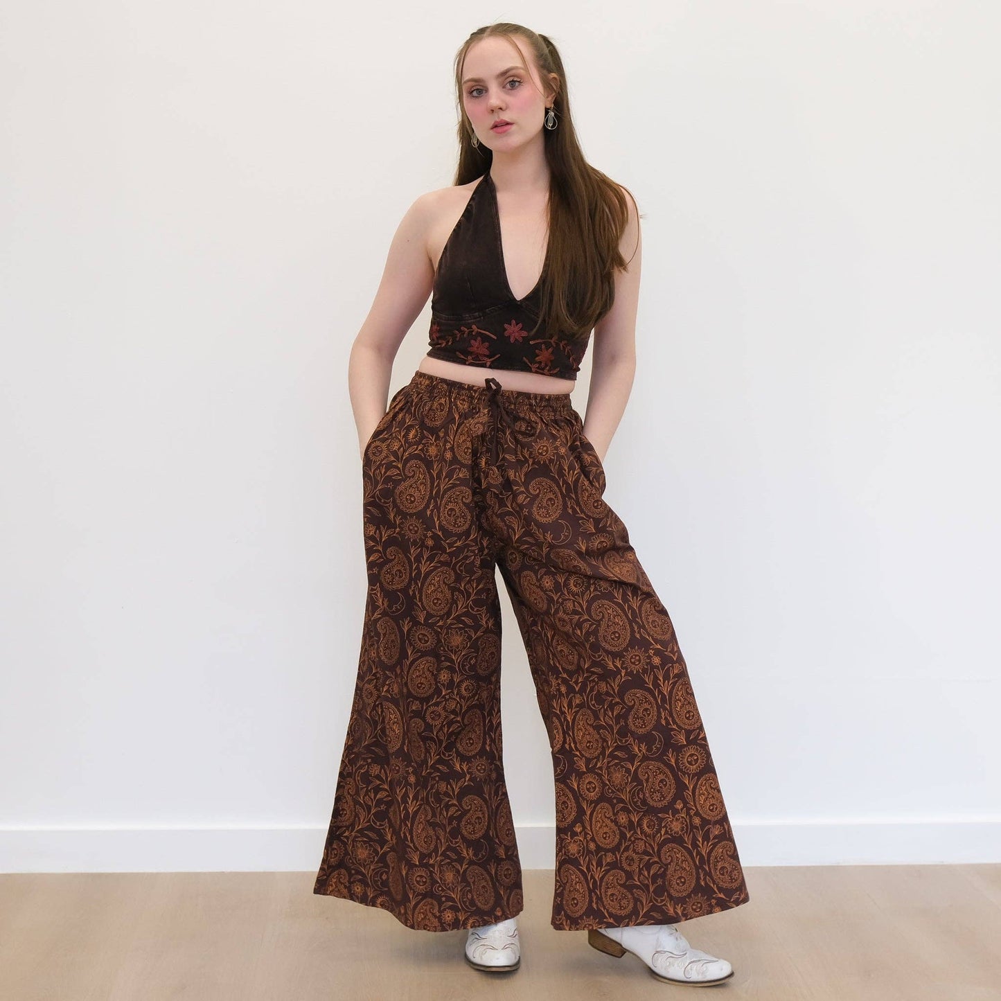 Flowy Paisley Boho Cotton Wide Leg Pants: Black / S/M