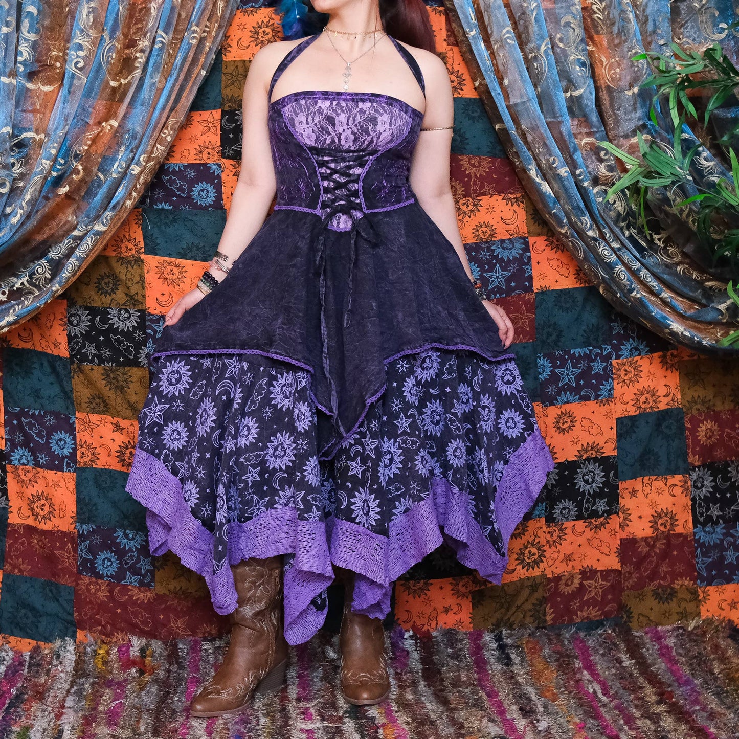 Witchy Celestial Asymmetrical Pixie Dress: Gray / L/XL