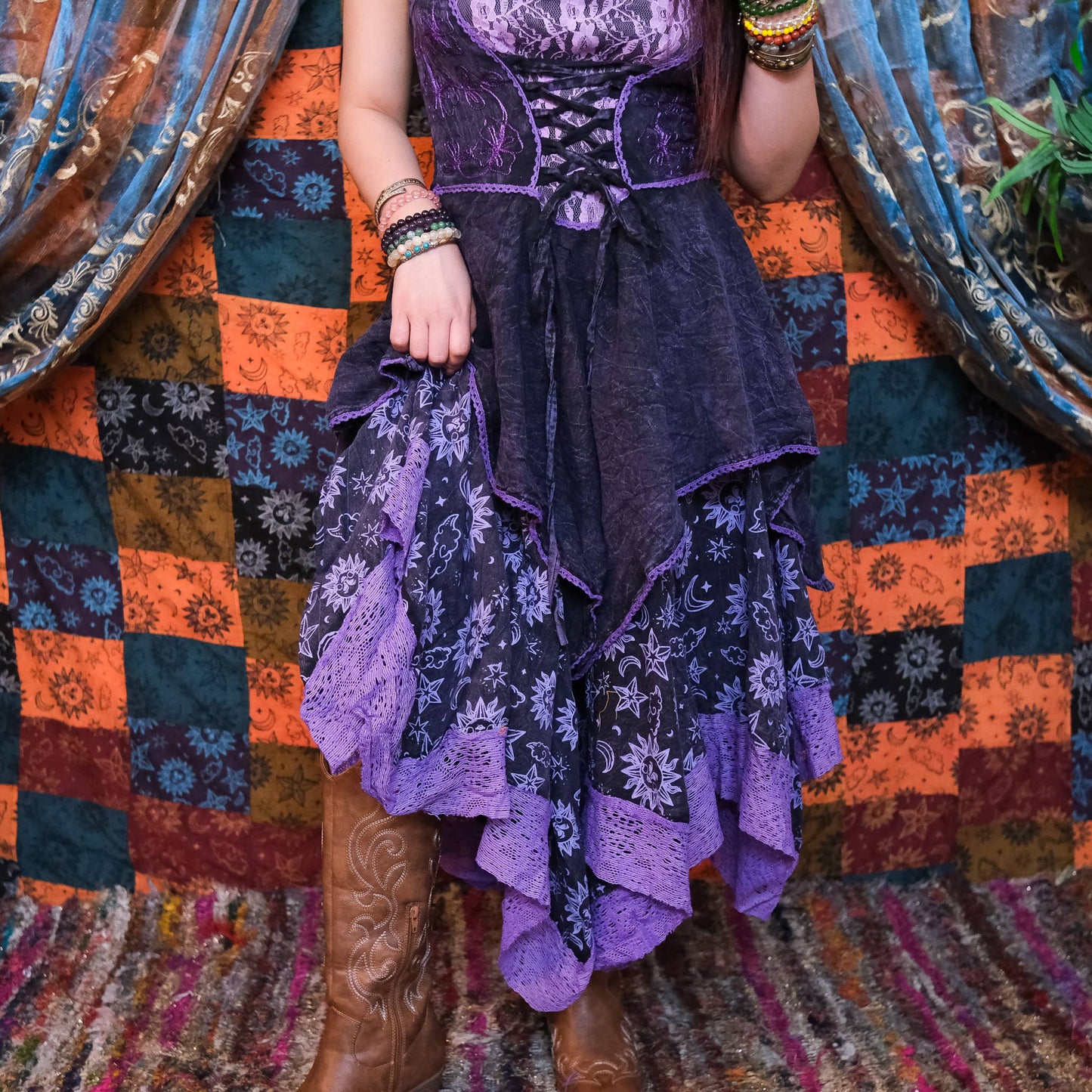 Witchy Celestial Asymmetrical Pixie Dress: Gray / L/XL