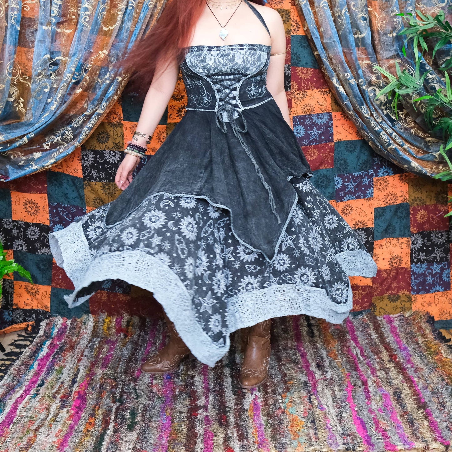 Witchy Celestial Asymmetrical Pixie Dress: Gray / L/XL