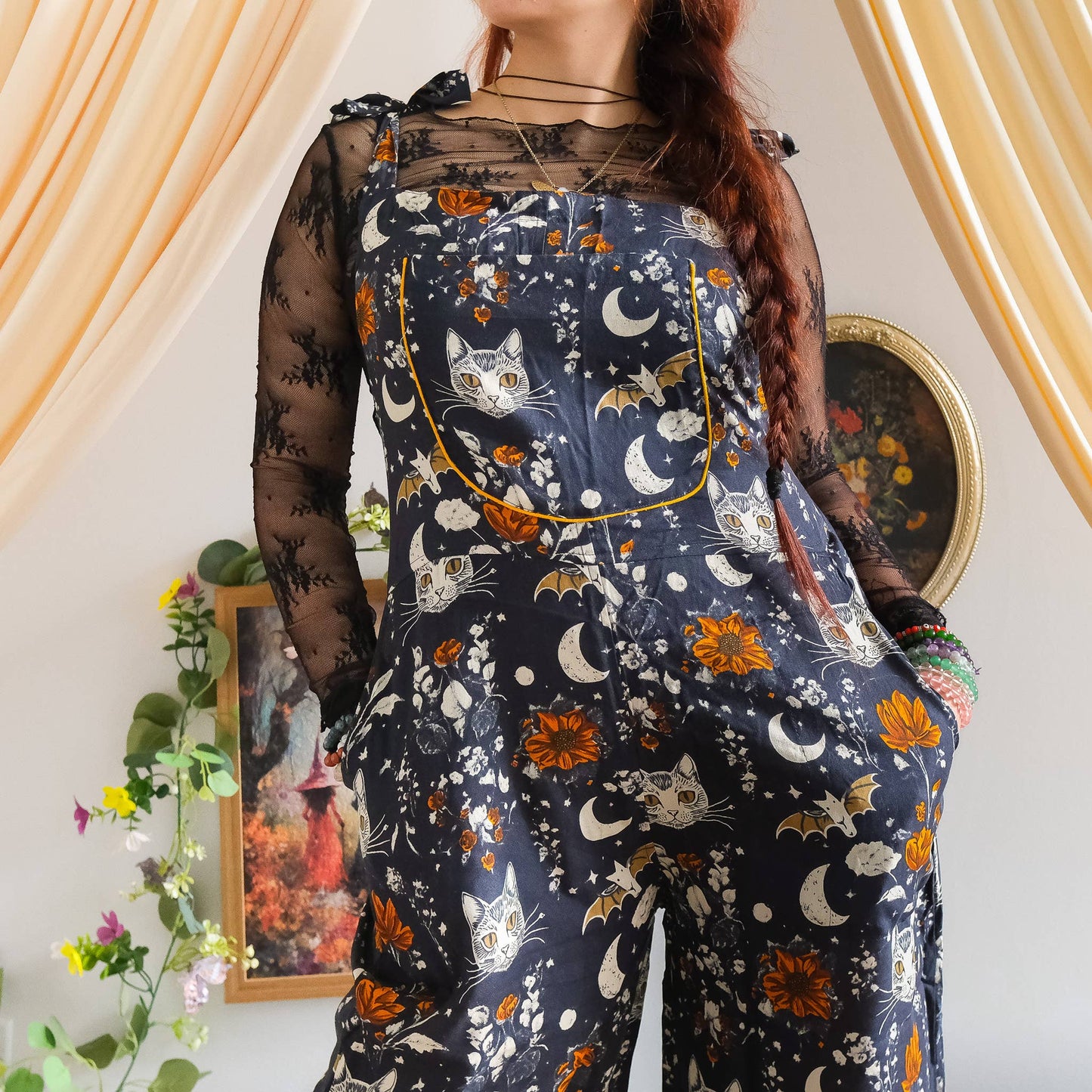 Celestial Cat & Moon  Boho Wide Leg Jumpsuit: Green / S/M
