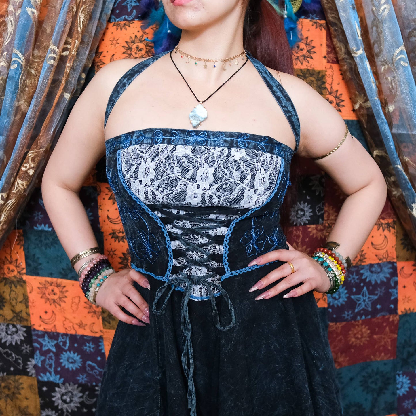 Witchy Celestial Asymmetrical Pixie Dress: Gray / L/XL