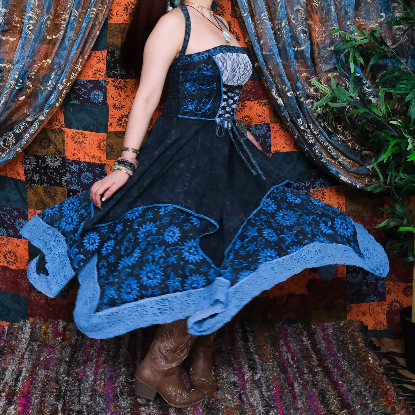Witchy Celestial Asymmetrical Pixie Dress: Gray / L/XL