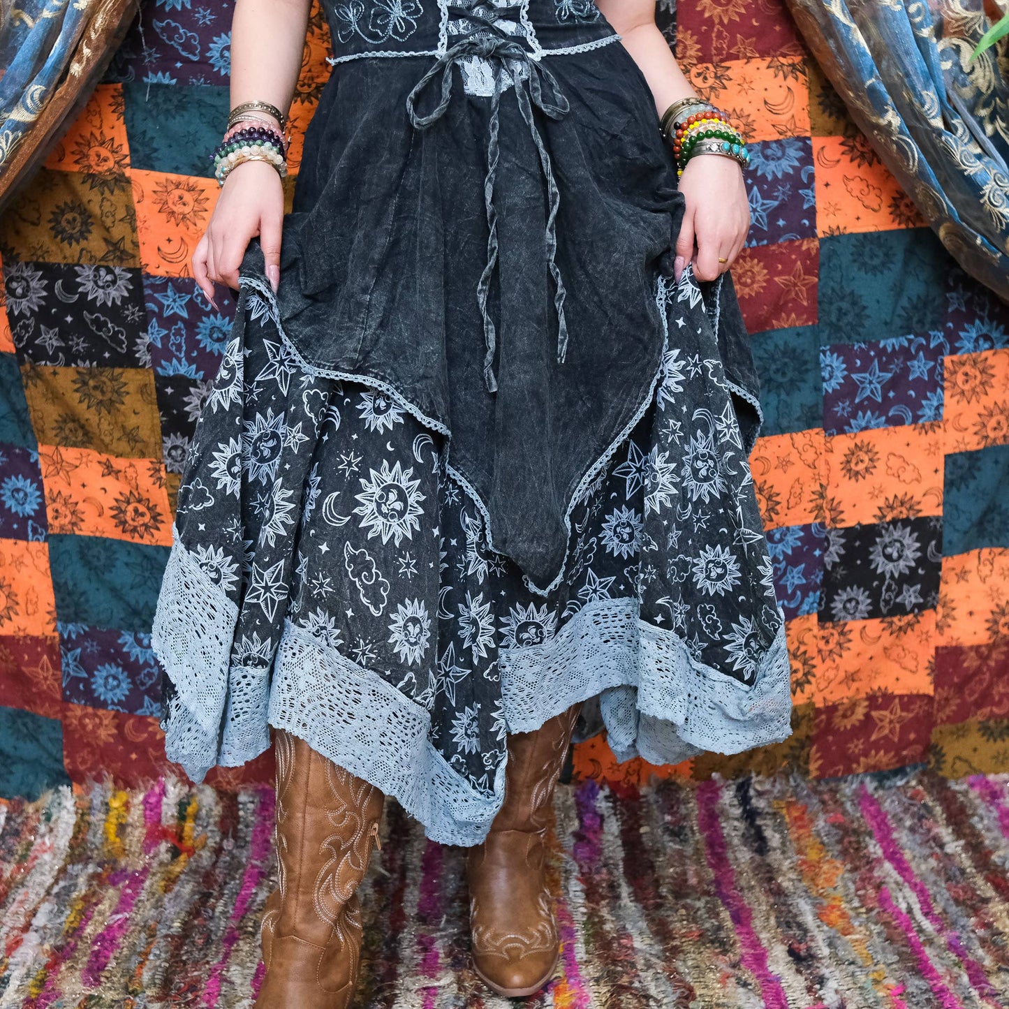 Witchy Celestial Asymmetrical Pixie Dress: Gray / L/XL