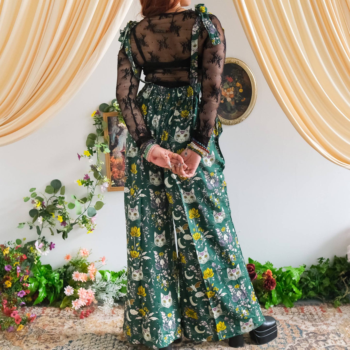 Celestial Cat & Moon  Boho Wide Leg Jumpsuit: Green / S/M