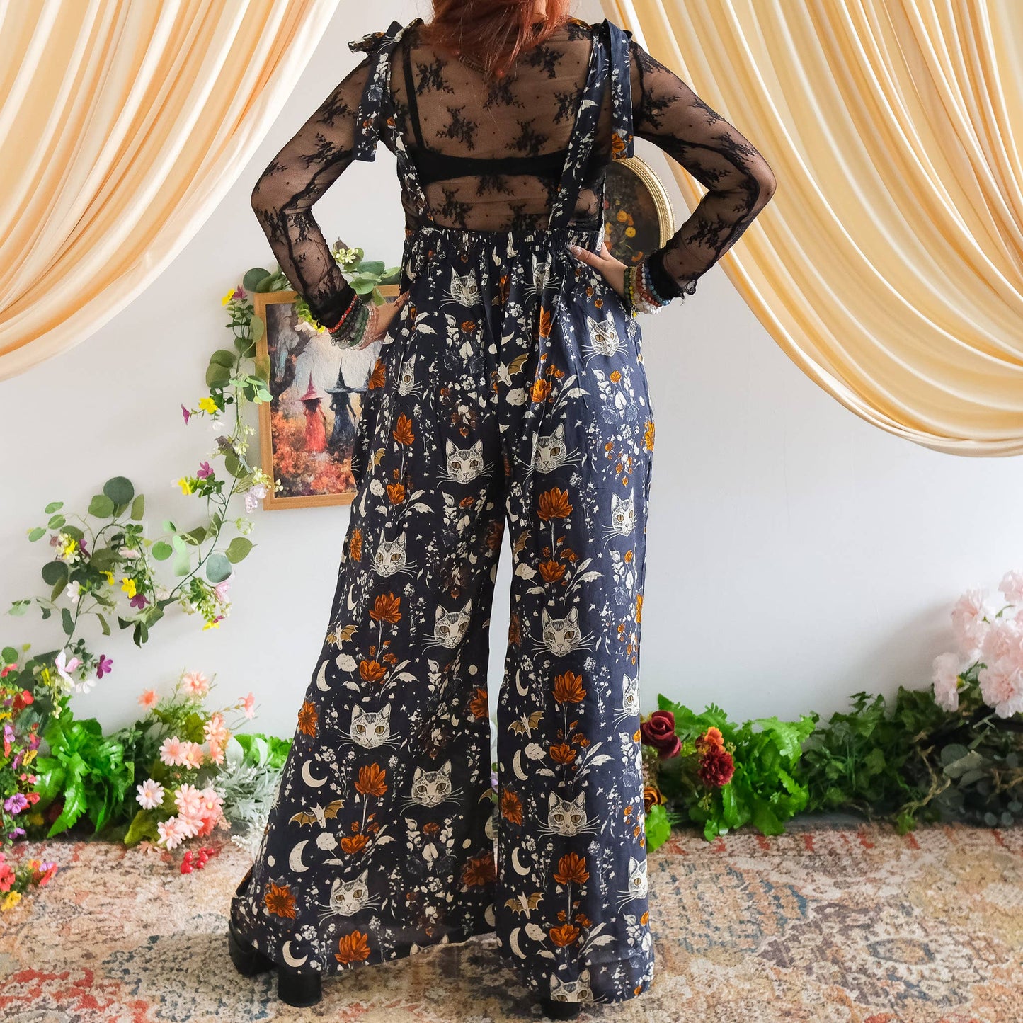 Celestial Cat & Moon  Boho Wide Leg Jumpsuit: Green / S/M