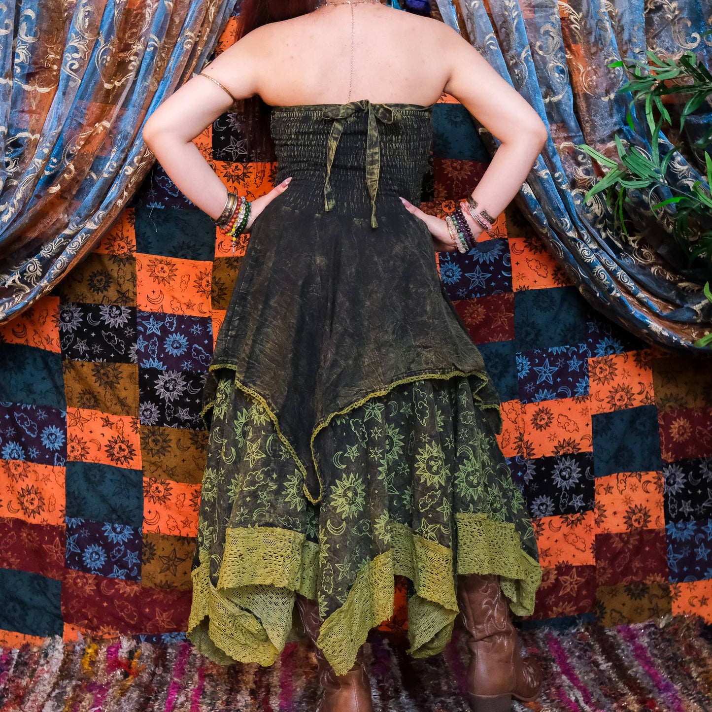 Witchy Celestial Asymmetrical Pixie Dress: Gray / L/XL