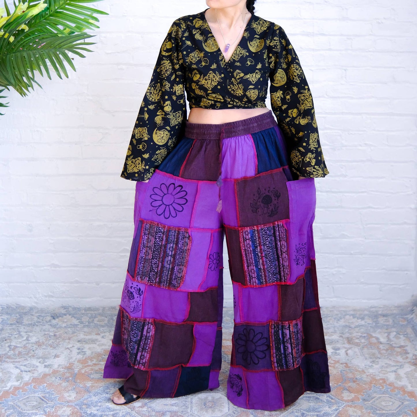 Cotton Patchwork Wide Leg Boho Pants: Black / Plus Size