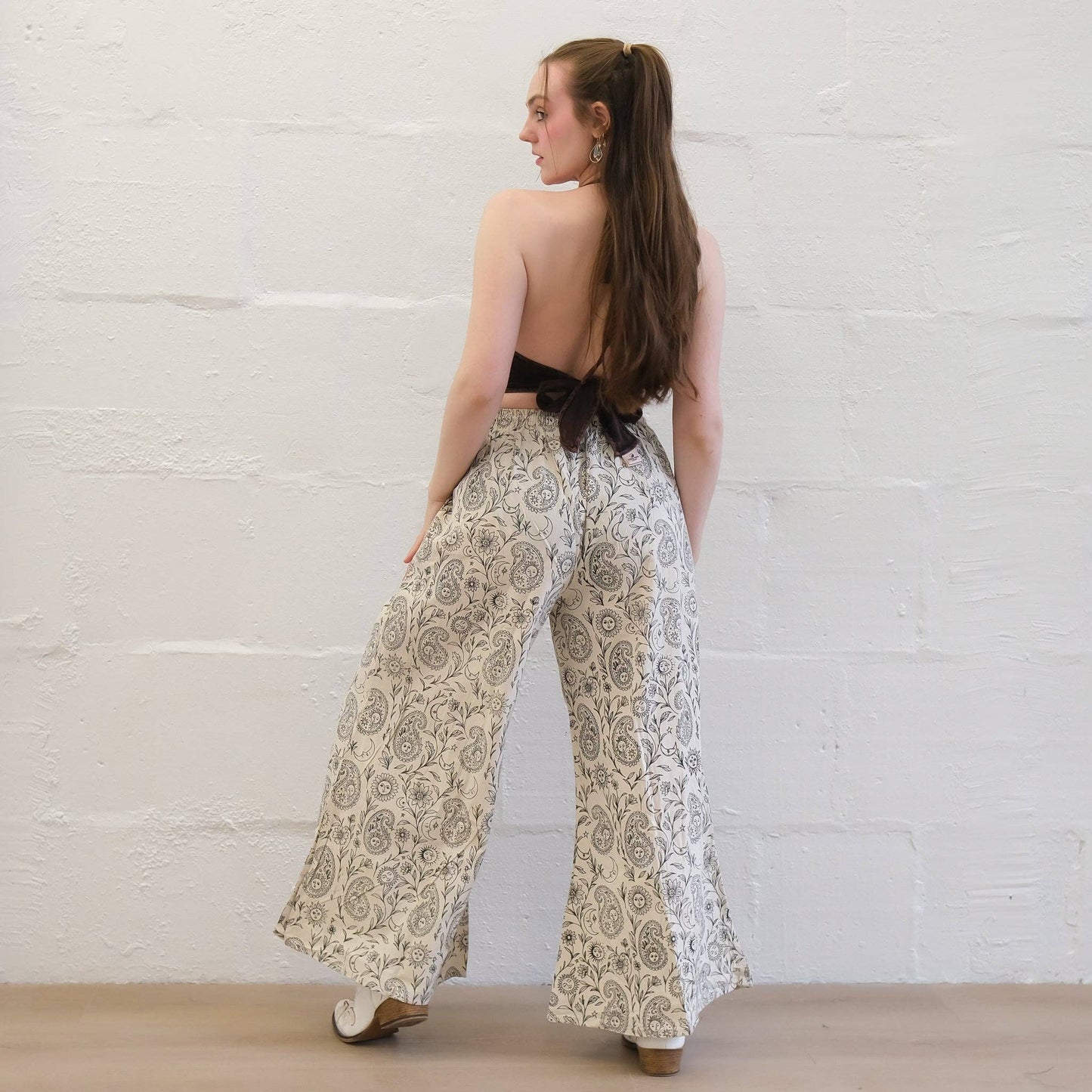 Flowy Paisley Boho Cotton Wide Leg Pants: Black / S/M