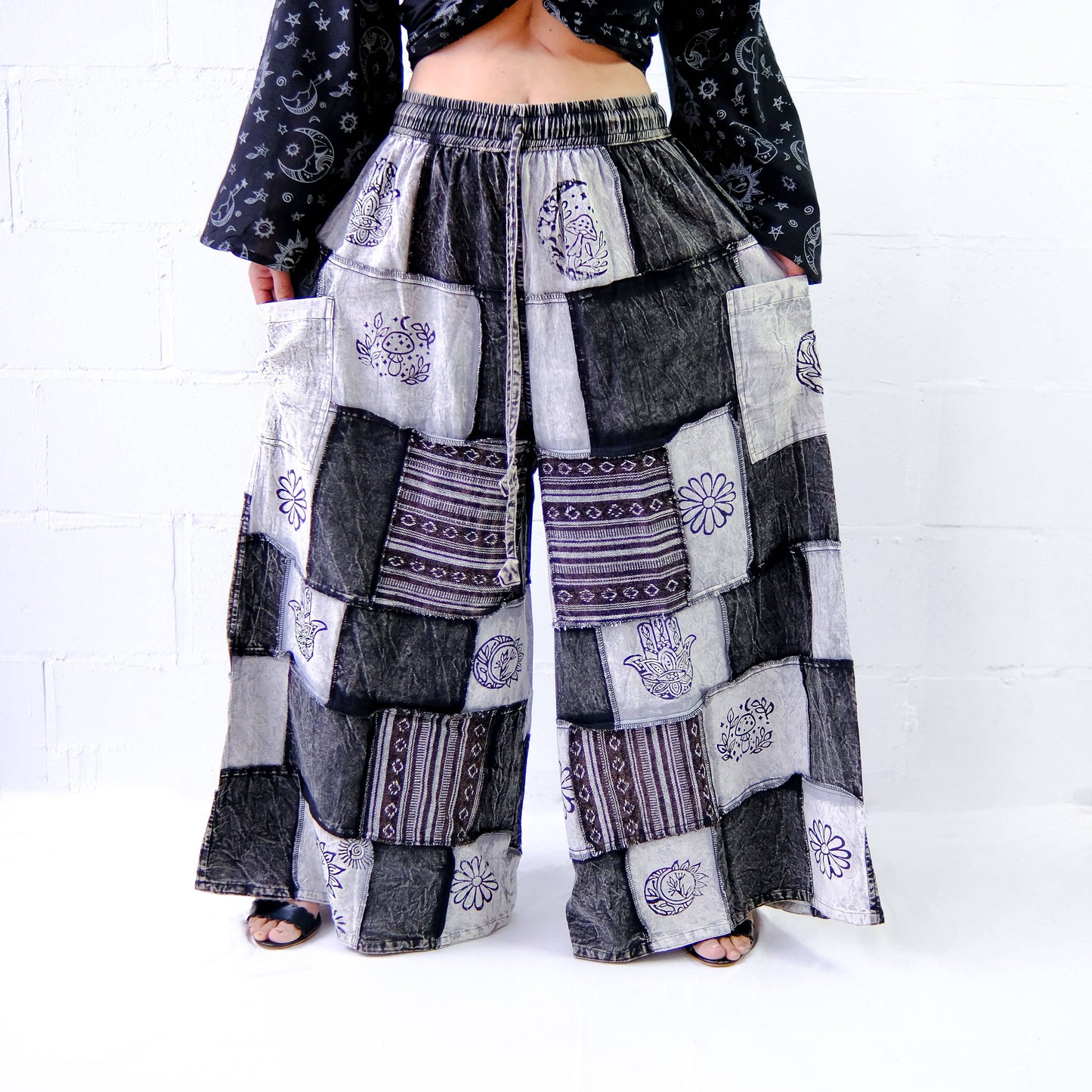 Cotton Patchwork Wide Leg Boho Pants: Black / Plus Size