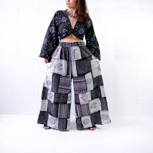 Cotton Patchwork Wide Leg Boho Pants: Black / Plus Size