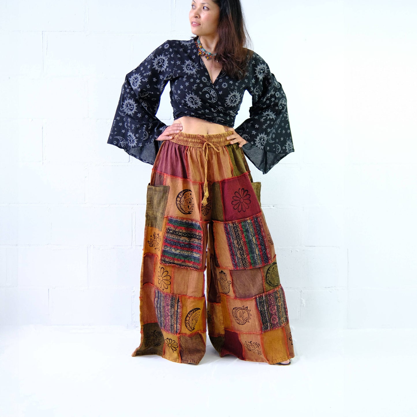 Cotton Patchwork Wide Leg Boho Pants: Black / Plus Size
