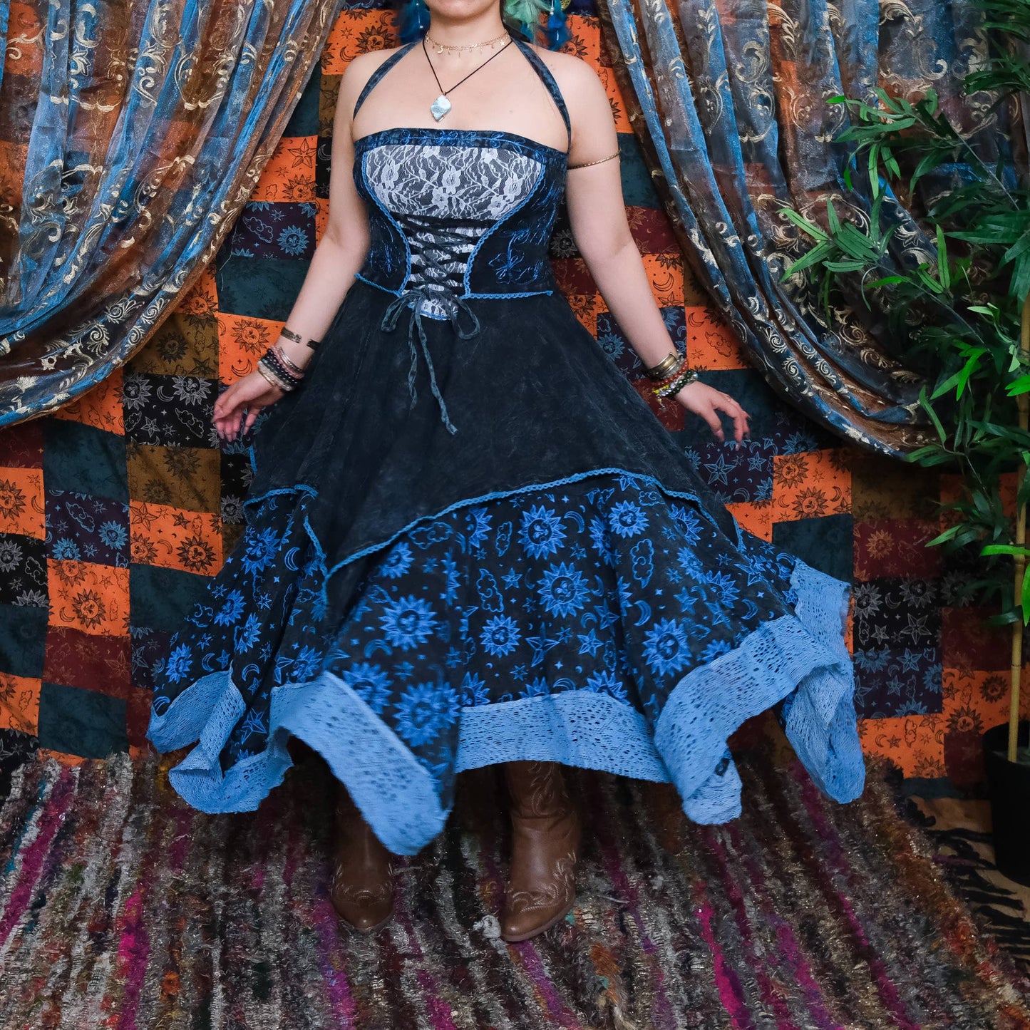 Witchy Celestial Asymmetrical Pixie Dress: Gray / L/XL