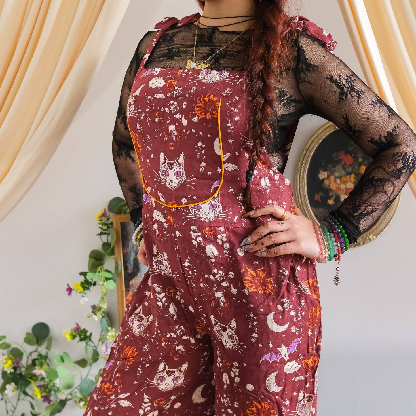 Celestial Cat & Moon  Boho Wide Leg Jumpsuit: Green / S/M