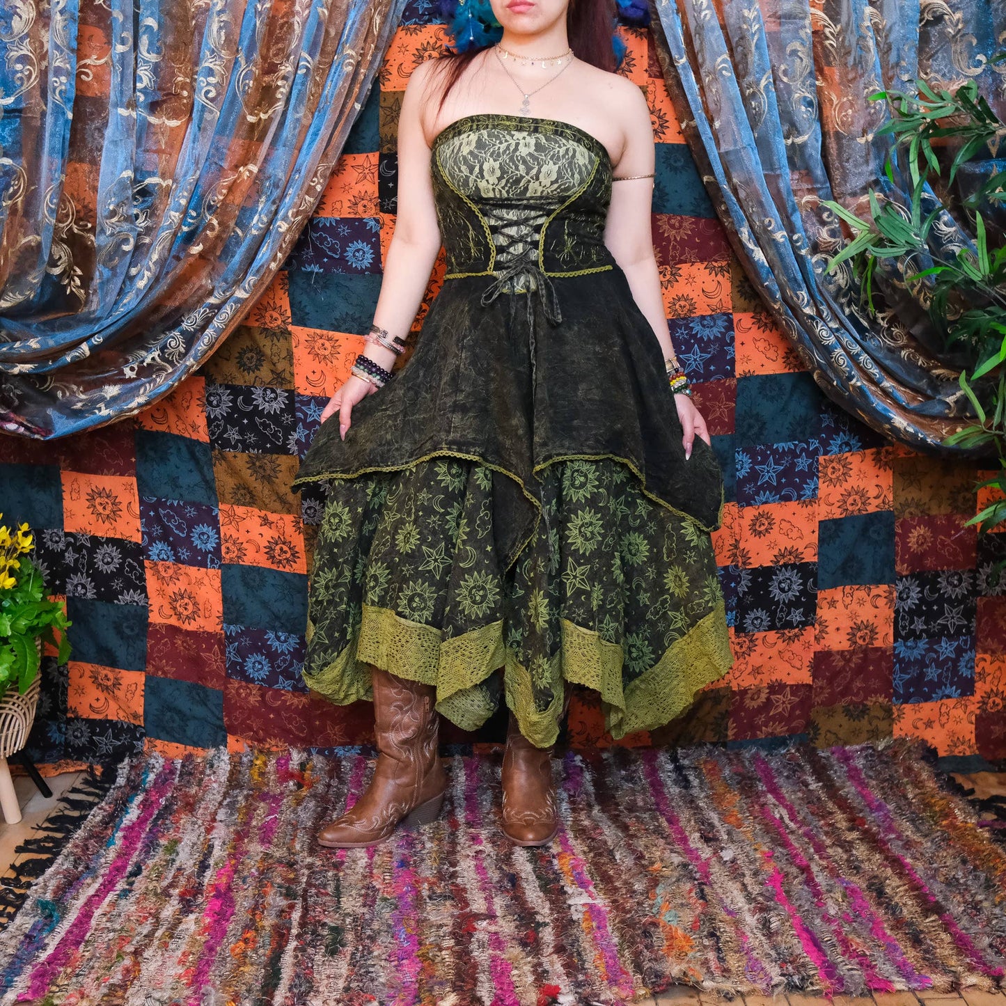 Witchy Celestial Asymmetrical Pixie Dress: Gray / L/XL