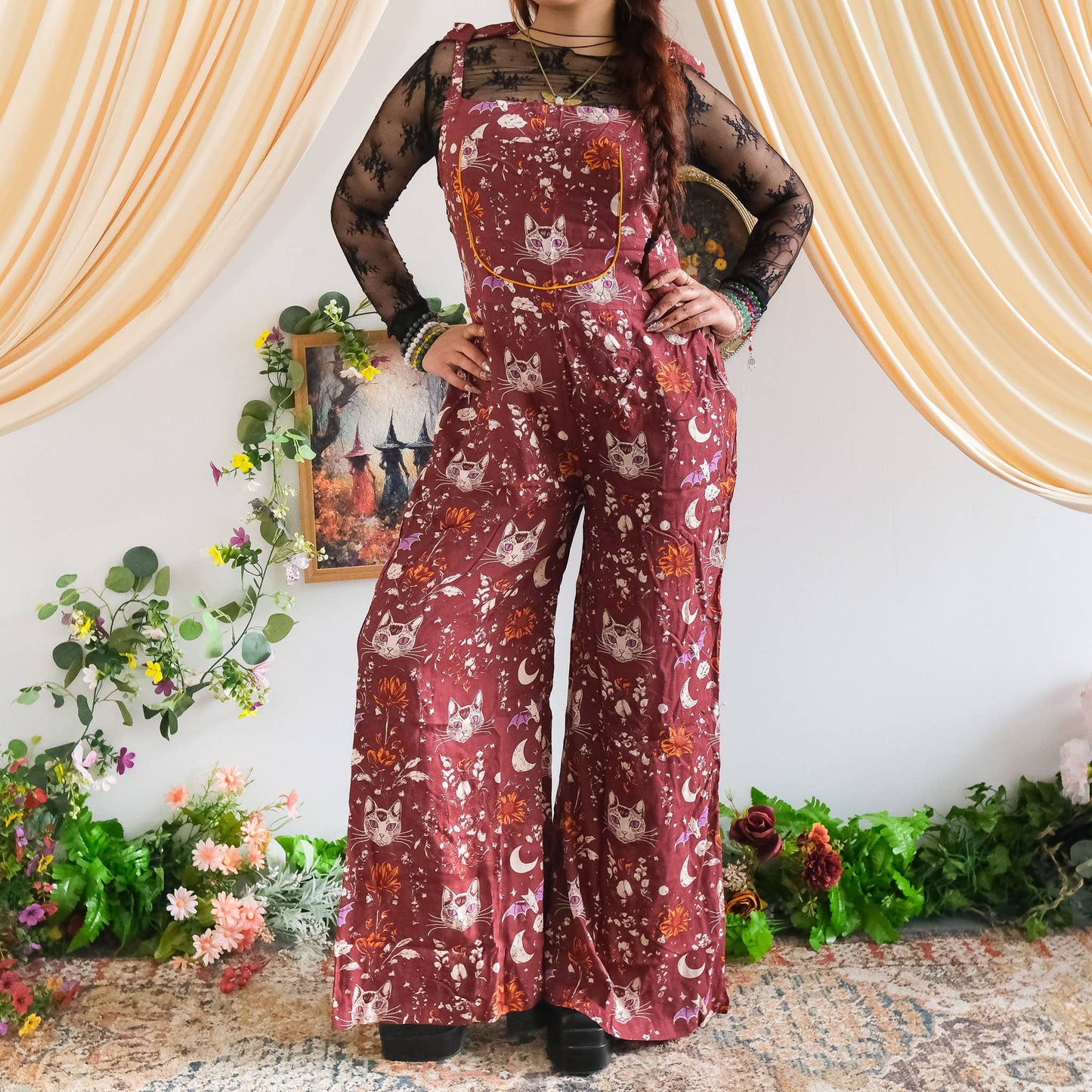 Celestial Cat & Moon  Boho Wide Leg Jumpsuit: Green / XXL