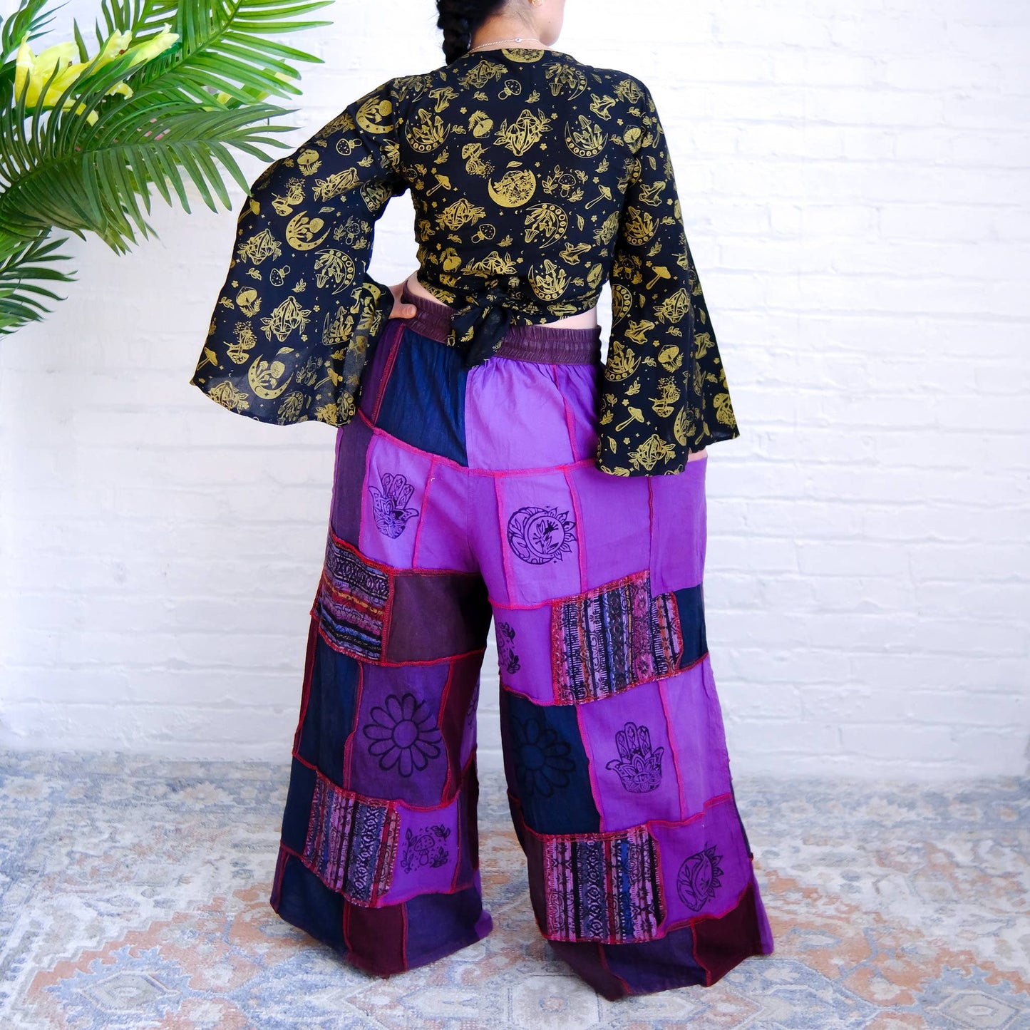 Cotton Patchwork Wide Leg Boho Pants: Black / Plus Size