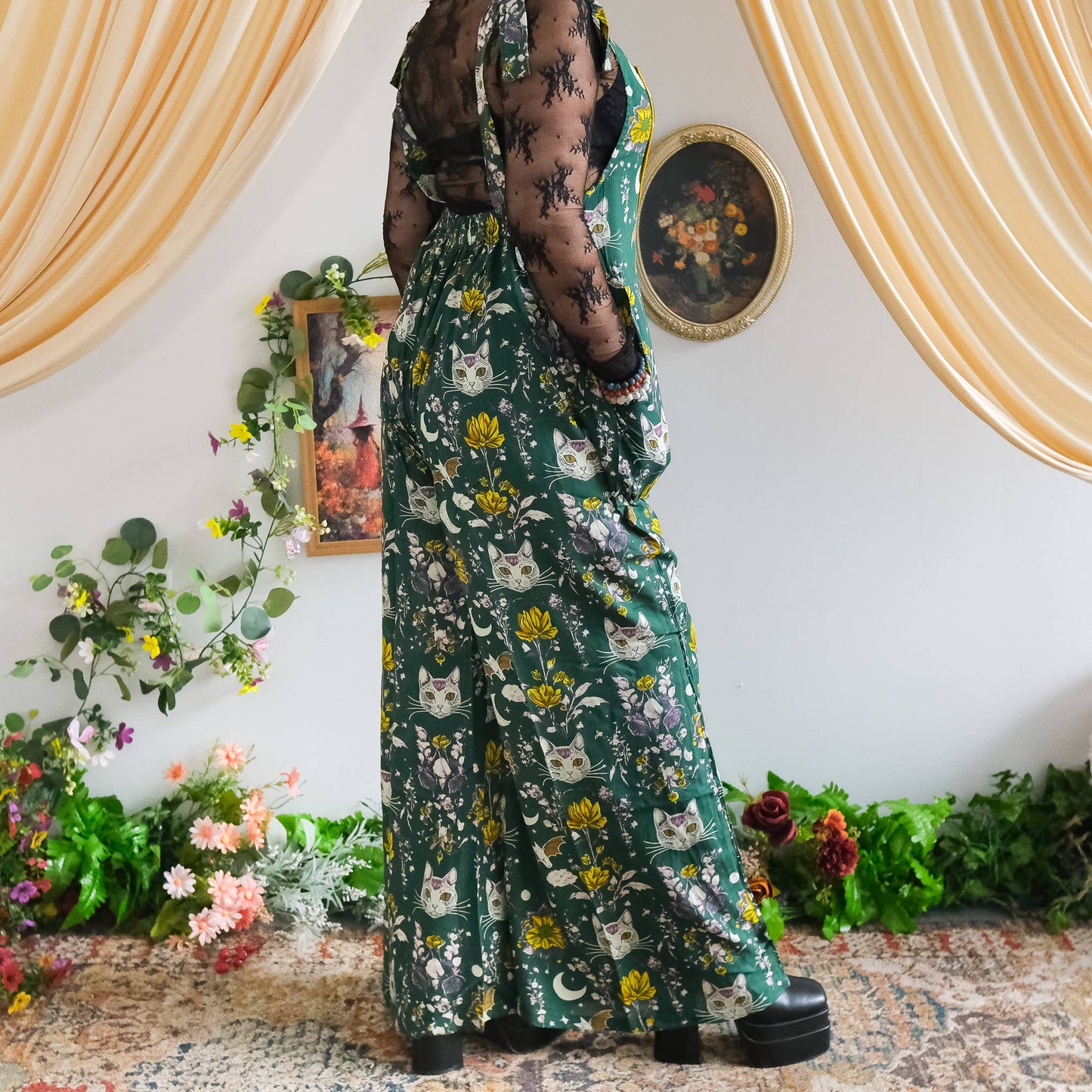Celestial Cat & Moon  Boho Wide Leg Jumpsuit: Green / XXL