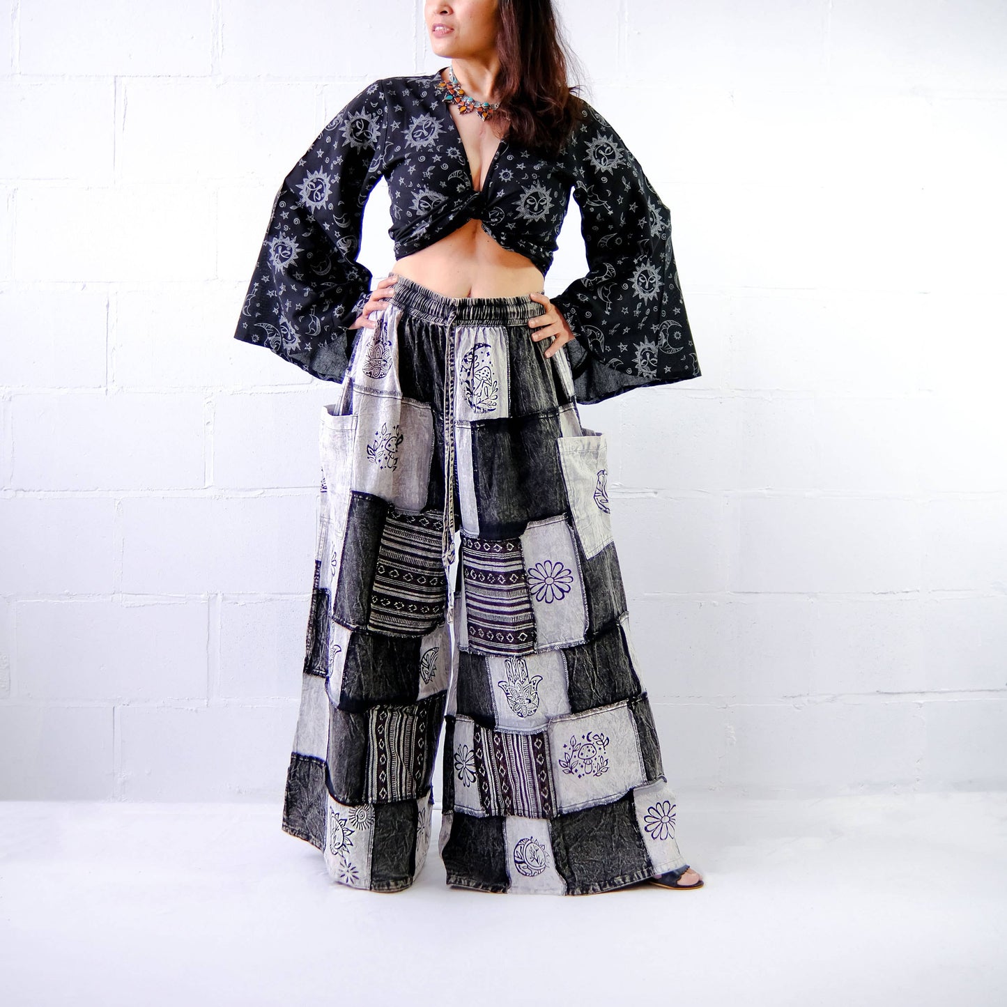 Cotton Patchwork Wide Leg Boho Pants: Black / Plus Size