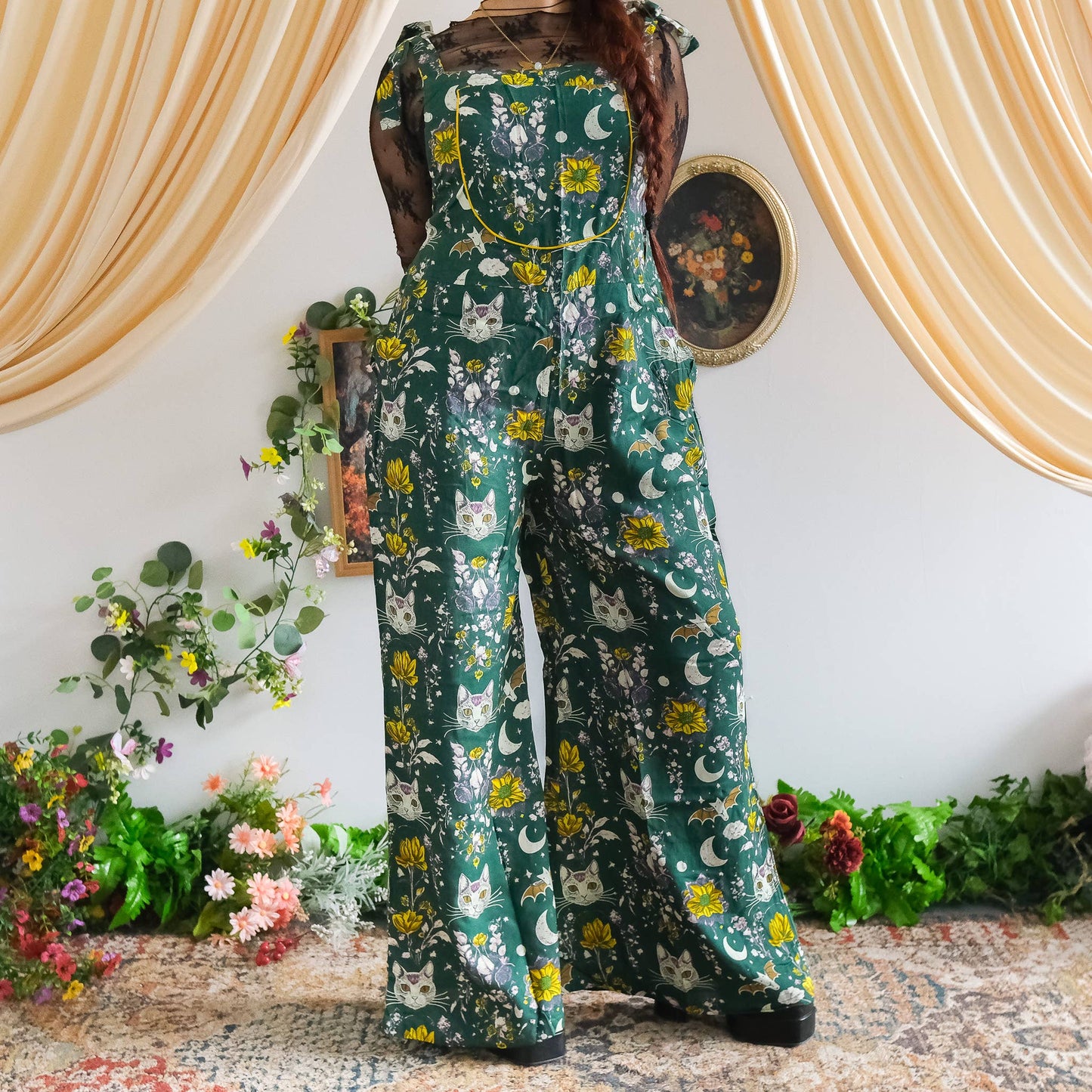Celestial Cat & Moon  Boho Wide Leg Jumpsuit: Green / L/XL