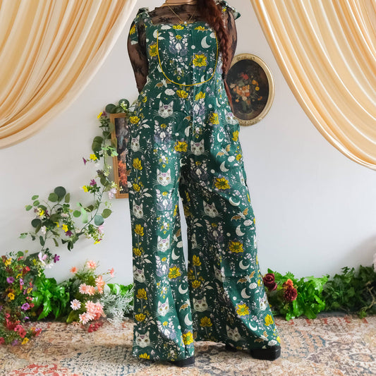 Celestial Cat & Moon  Boho Wide Leg Jumpsuit: Green / XXL
