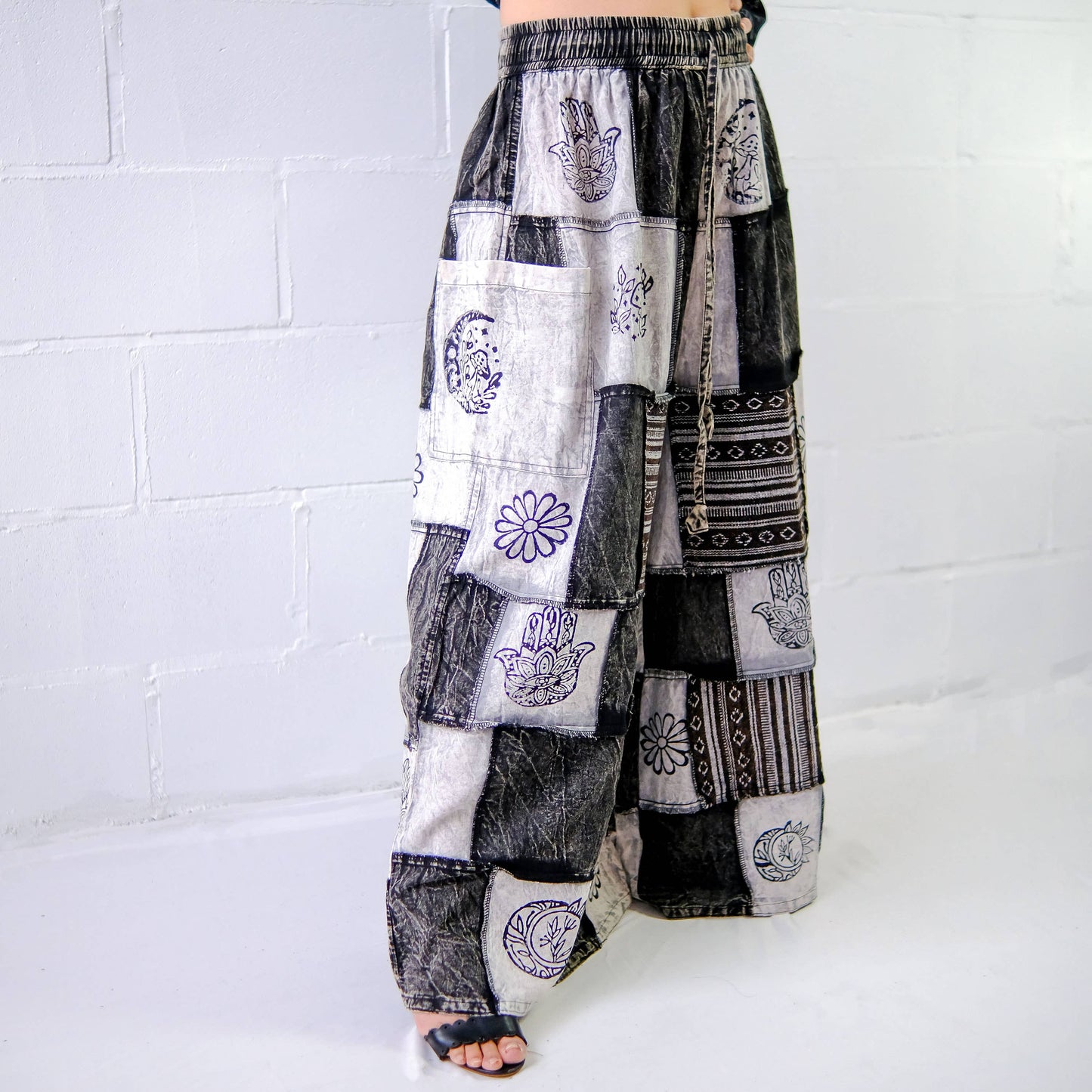 Cotton Patchwork Wide Leg Boho Pants: Black / Plus Size