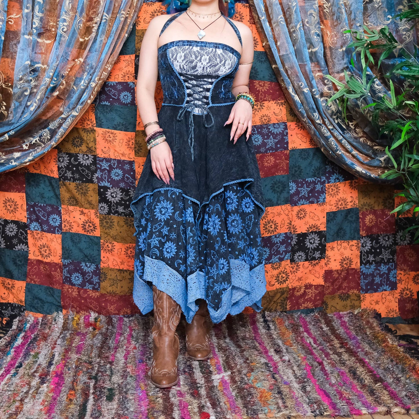 Witchy Celestial Asymmetrical Pixie Dress: Gray / L/XL