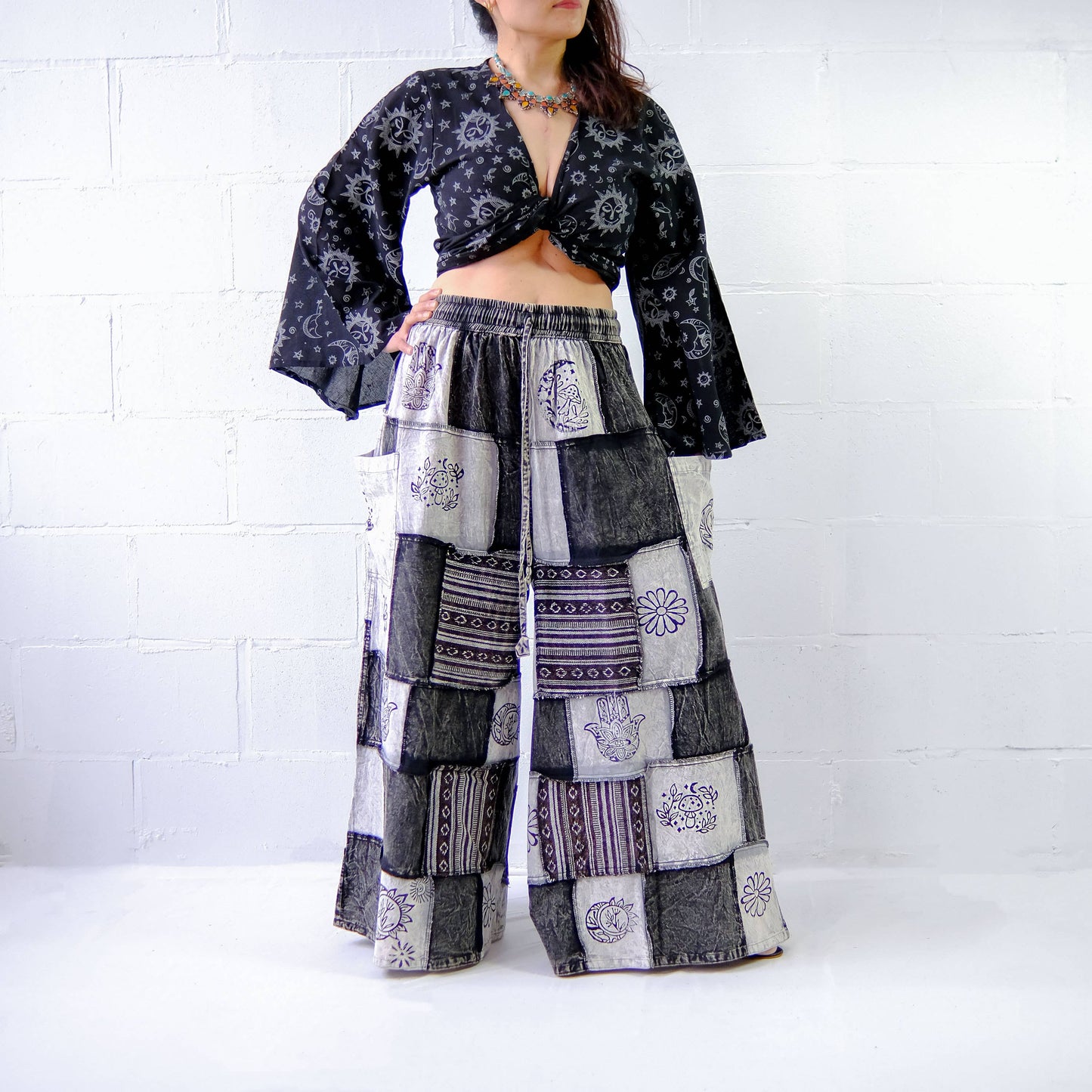 Cotton Patchwork Wide Leg Boho Pants: Black / Plus Size