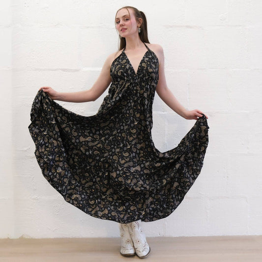 Boho Goddess Maxi Tiered Backless Dress: Black